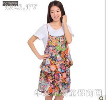 十月妈咪印花棉假两件连衣裙 短袖孕妇裙